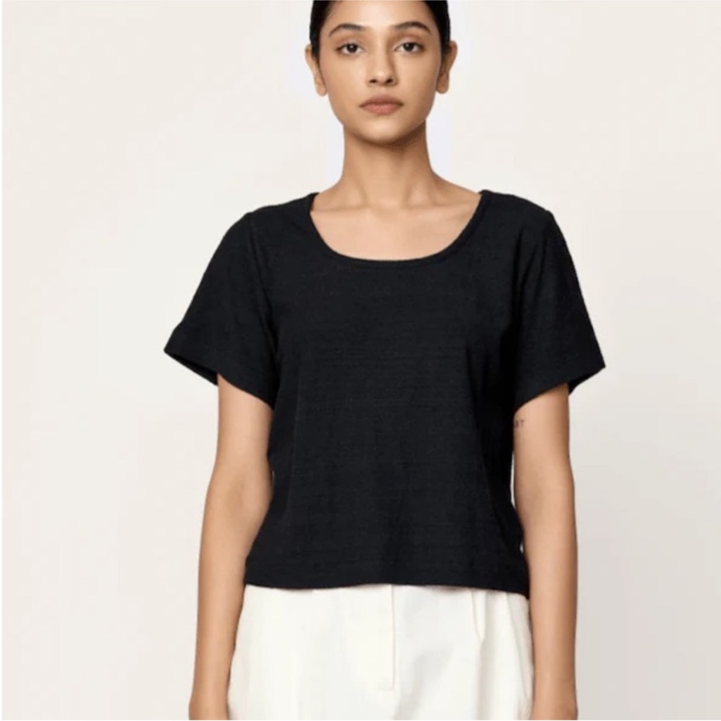 Laude The Label Black Silk Cropped Crew T-Shirt Short Sleeve Women's Tee